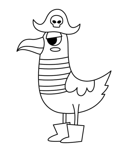 Vector black and white pirate seagull icon Cute line sea bird illustration Treasure island hunter in stripy shirt cocked hat Funny outline pirate party element for kids Sea gull picture coloring page