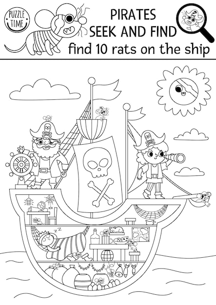 Vector black and white pirate searching game Spot hidden rats in the picture Simple treasure island seek and find activity for kids Sea adventures treasure hunt coloring page Find rats on shipxA