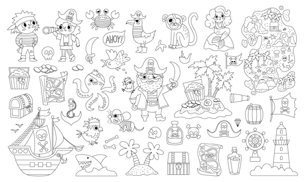 Vector black and white pirate set Cute line sea adventures icons collection Treasure island illustrations with ship captain sailors chest map parrot monkey Pirate party coloring page for kidsxA