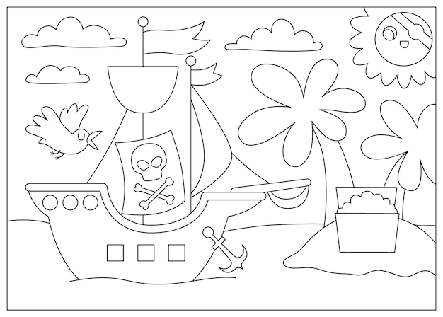 Vector black and white pirate ship scene Line raider vessel sailing to the treasure island with palm trees and treasure chest Treasure hunt illustration with sun shore Sea landscape coloring pagexA