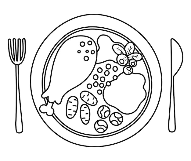 Vector black and white plate with traditional Thanksgiving meal fork and knife Outline roast turkey with cranberry sauce Christmas or Thanksgiving festive food Holiday outline meal illustrationxA