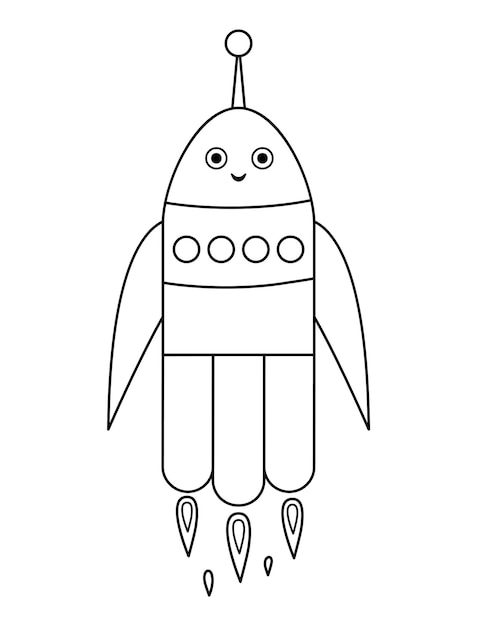 Vector black and white rocket illustration for children Outline smiling spaceship icon isolated on white background Space exploration coloring page