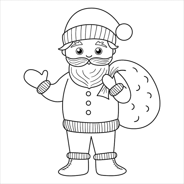 Vector vector black and white santa claus waving his hand with sack cute winter father frost icon or coloring page funny outline character illustration for christmas new year or wi