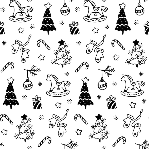 Vector black and white seamless pattern of Christmas elements in doodle style horses Christmas ball Christmas trees lights star gift mittens caramel