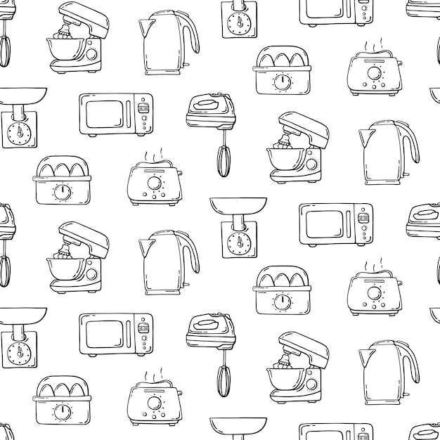 Vector black and white seamless pattern small kitchen appliances kettle microwave mixer kitchen machine scales egg cooker toaster