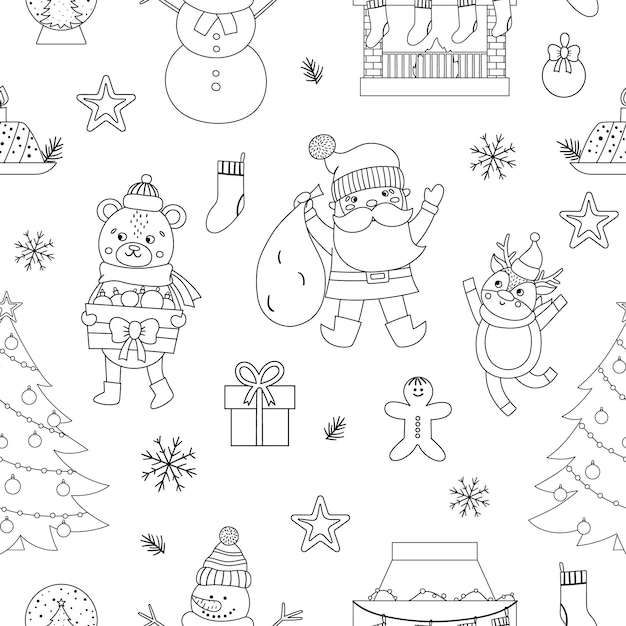 Vector black and white seamless pattern with Christmas elements, Santa Claus in red hat with sack, deer, fir tree, presents. Cute funny line New Year repeating background.