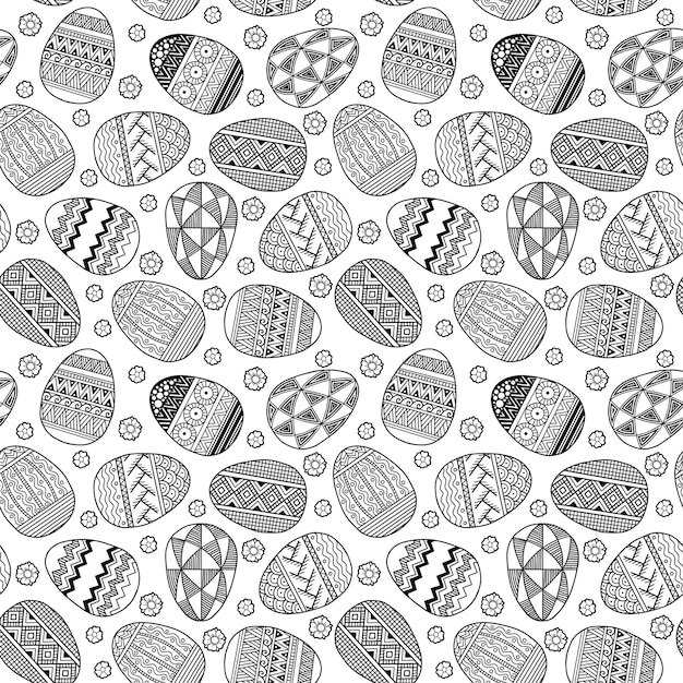 Vector black and white seamless pattern with Easter eggs and flowers. Background Coloring page book for adults