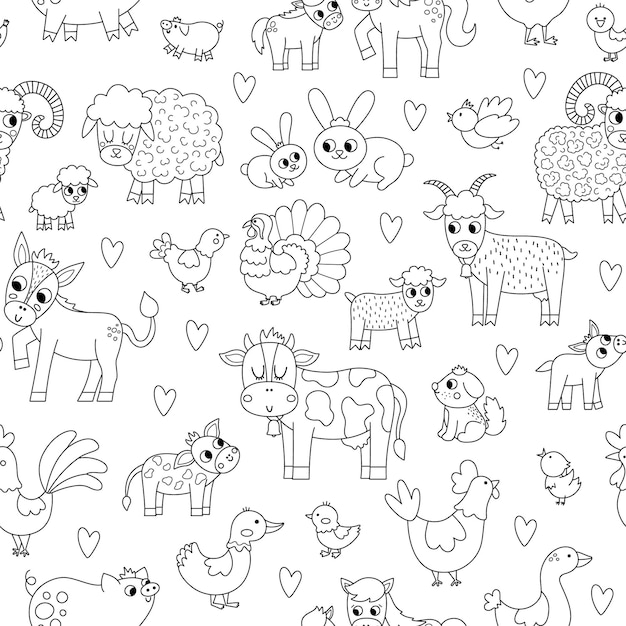 Vector black and white seamless pattern with farm animals and birds Outline repeat background with cow horse sheep duck and kids Cute mother and baby digital paper Family love coloring pagexA