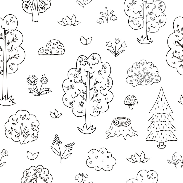 Vector black and white seamless pattern with garden or forest trees plants shrubs bushes flowers Outline spring woodland or farm repeating background Natural greenery digital paperxA