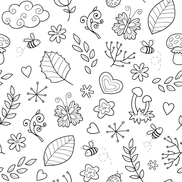 Vector black and white seamless pattern with items of nature on white background