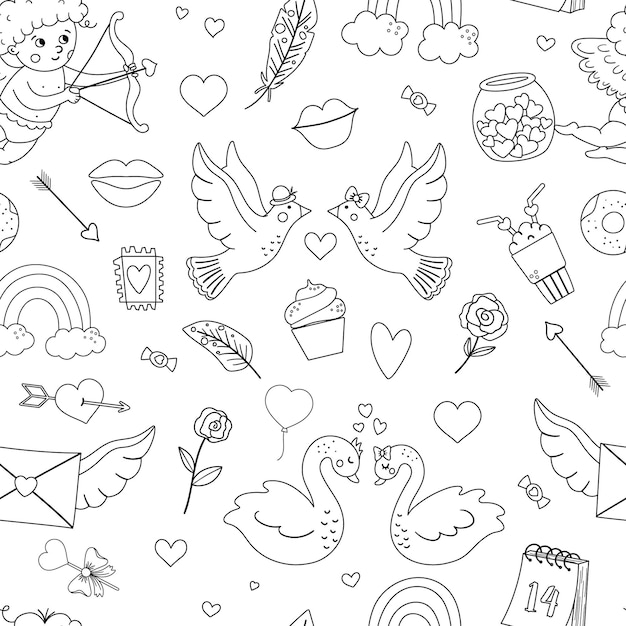 Vector black and white seamless pattern with Saint Valentineâs day symbols. Repeating background with cute characters and love objects. Playful February holiday line texture or coloring page