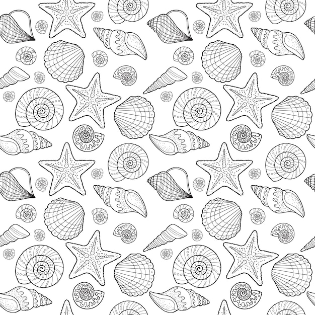 Vector black and white seamless pattern with sea shell and starfish. Background Coloring page book for adults and children