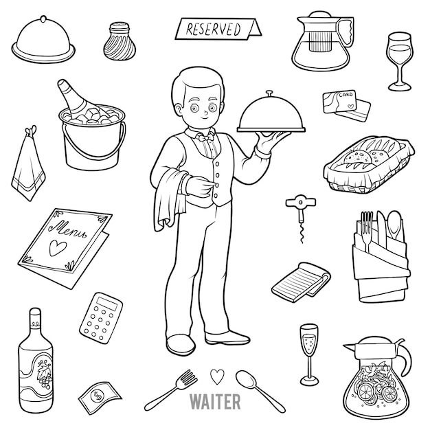 Vector black and white set with waiter and objects from the restaurant