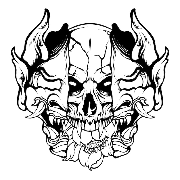 vector black and white skull inside of hannya mask japanese