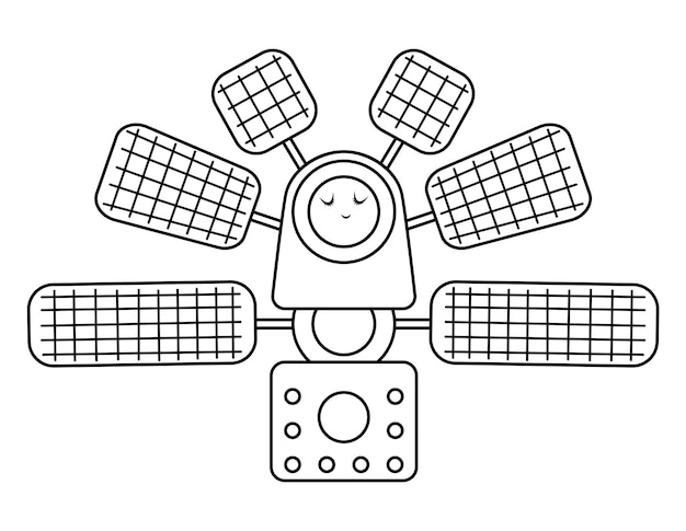 Vector black and white space station illustration for children Outline smiling technics icon isolated on white background Space exploration coloring page for kids