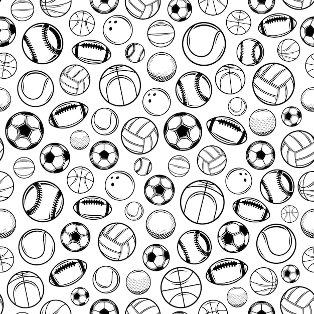 Vector black and white sport balls seamless pattern or background