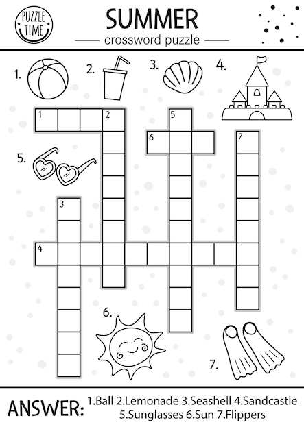 Vector black and white summer crossword puzzle for kids Simple line quiz with beach objects for children Educational outline sea vacation activity with cute funny charactersxA