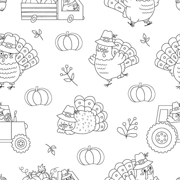 Vector black and white Thanksgiving elements seamless pattern Autumn outline repeat background with cute turkey harvest pumpkins Line fall holiday digital paper with traditional birdxA