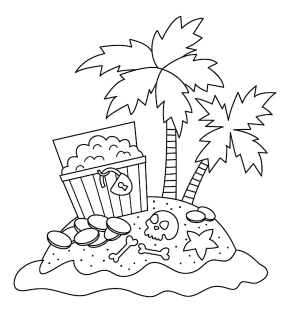 Vector black and white tropical island icon Cute sea isle with sand water palm trees Outline illustration Treasure island picture with chest coins skull Pirate party coloring page