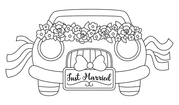 Vector black and white wedding car decorated with flowers and ribbons Honeymoon line automobile with just married plate Cute marriage clipart Bride and groom transportation coloring pagexA