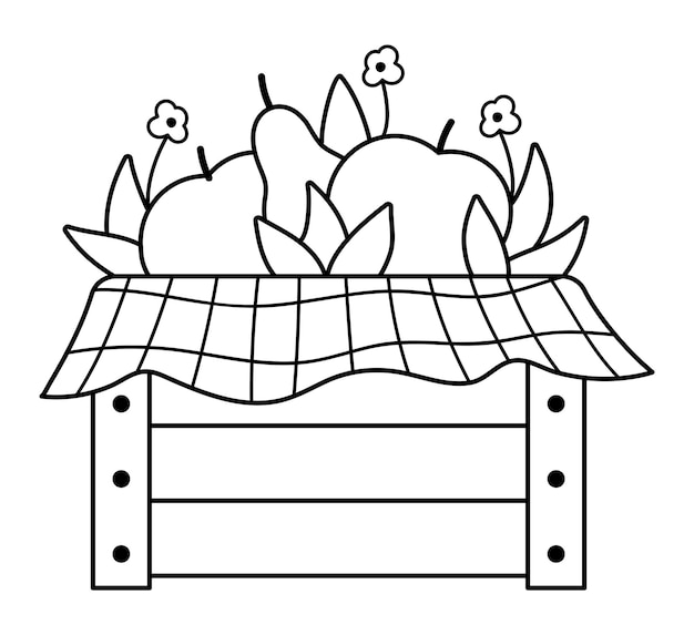 Vector black and white wooden box with apples pears flowers leaves