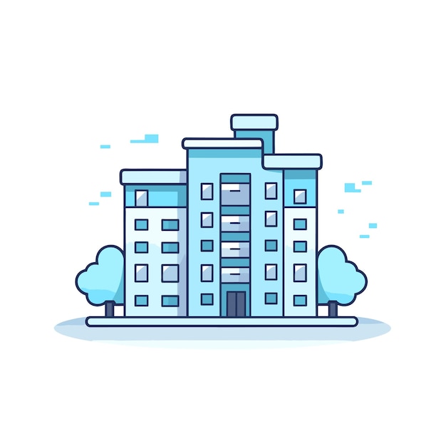 Vector of a blue building with trees and a flat icon design