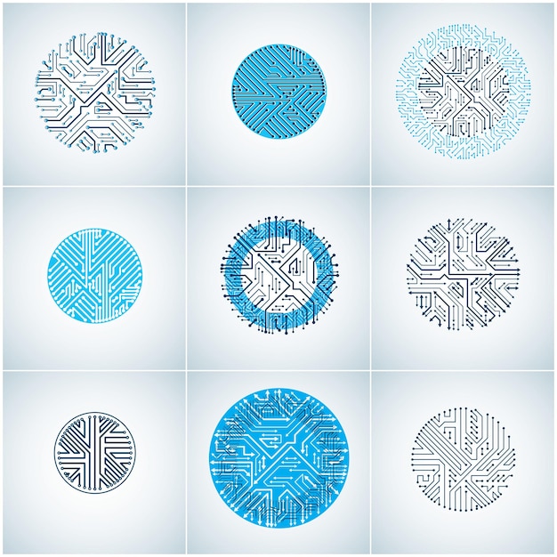 Vector blue circuit board circles, digital technologies abstractions. Set of computer microprocessor schemes with arrows, futuristic designs collection.