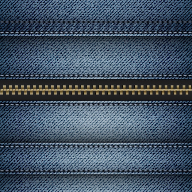 Vector blue denim with stitched stripes and fastener.