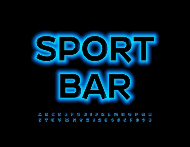 Vector blue glowing logo Sport Bar Creative Neon Font Illuminated Alphabet Letters and Numbers set