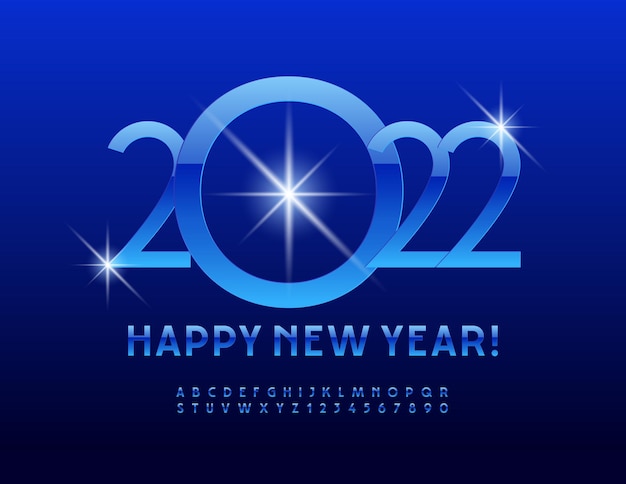 Vector blue greeting card Happy New Year 2022 Elegant glossy Font Alphabet Letters and Numbers set