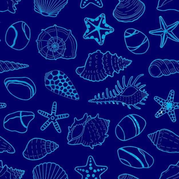 Vector blue pattern of sea shells stars stones