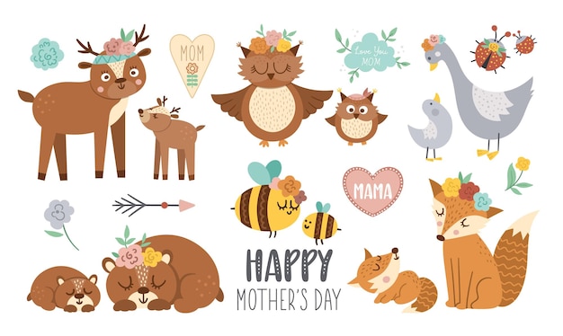 Vector boho baby animals with parents Funny woodland animal scenes showing family love Cute Mothers Day design elements collection Mother and child clipart for card print posterxA