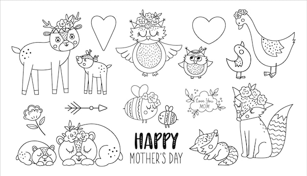 Vector boho baby animals with parents Funny woodland animal scenes showing family love Cute Mothers Day design elements collection Mother and child clipart for card print posterxA