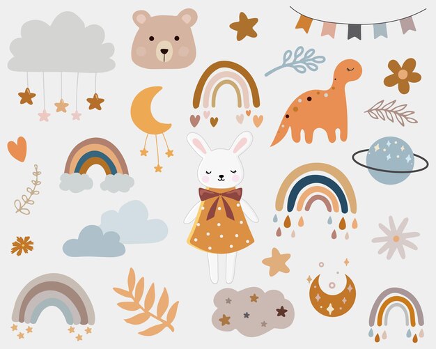 Vector boho clipart for nursery decoration with cute rainbows moon bunny cloud stars Modern illustration Perfect for baby shower birthday children's party