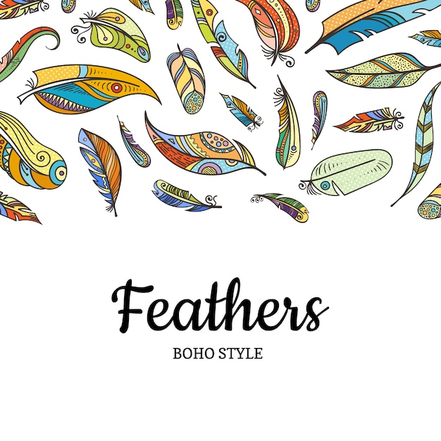 Vector boho doodle color feathers background illustration