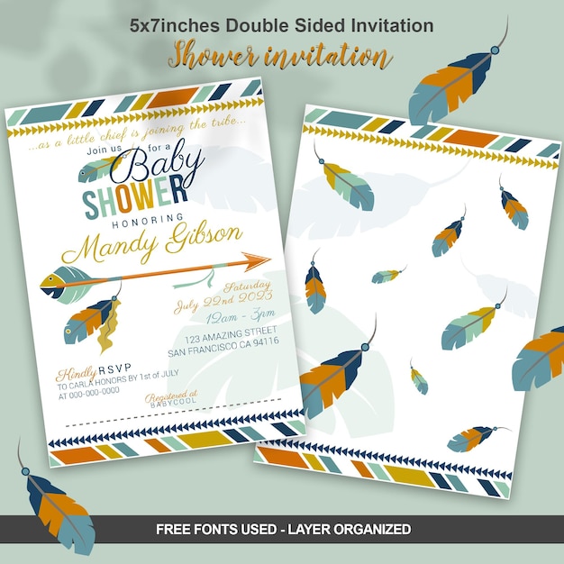 Vector boho tribal baby shower invitation with bohemian style feathers and arrows fully editable