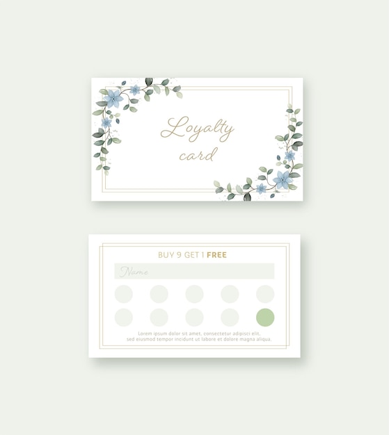 Vector bonus card loyalty card template with floral design watercolor blue flowers and leaves