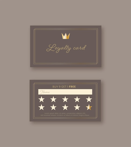 Vector bonus card loyalty card template with gold crown and stars for coffee company Luxury design