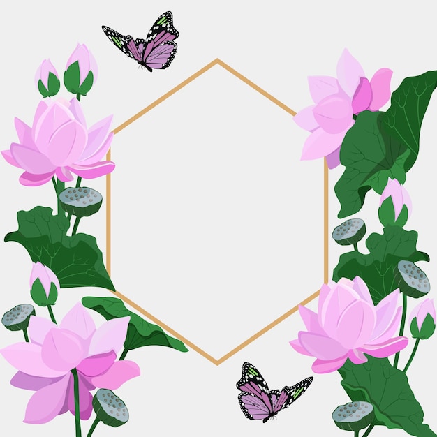 Vector botanical illustration with pink lotus flowers butterfly and space for text