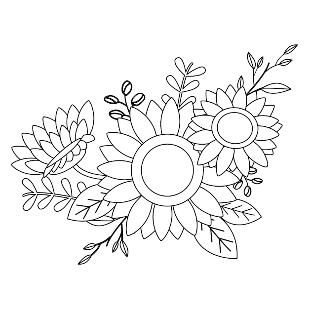 Vector Bouquet Doodle Sunflower illustration in outline style Plants leaf Botanical Black and Wh