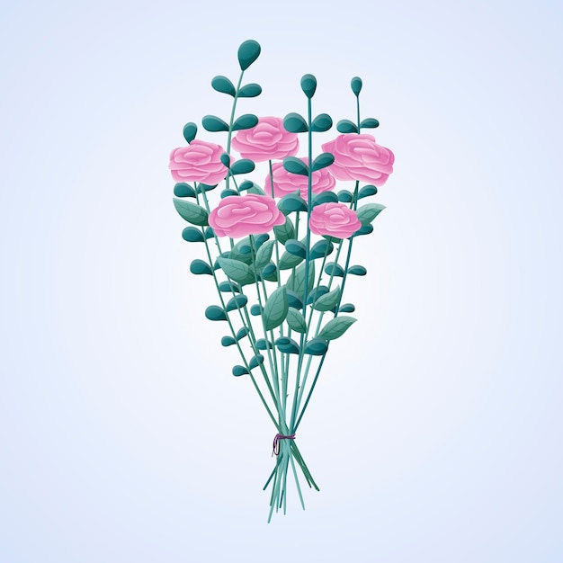 Vector bouquet of pink roses and eucalyptus leaves