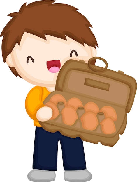 a vector of a boy carrying a carton of eggs