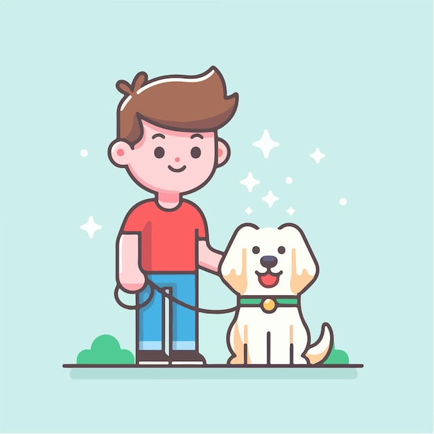 Vector of a boy and a dog with a simple and minimalist flat design style