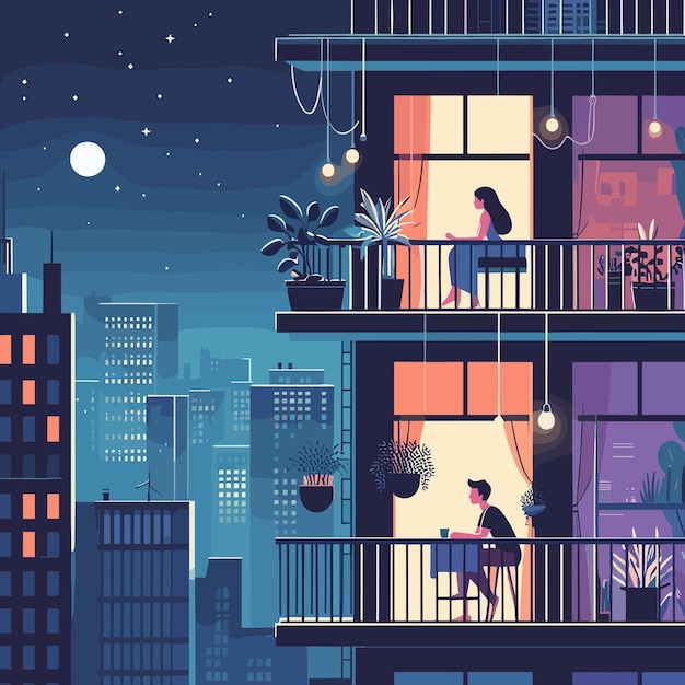 vector of boy and girl on balcony gazing stars at night illustration