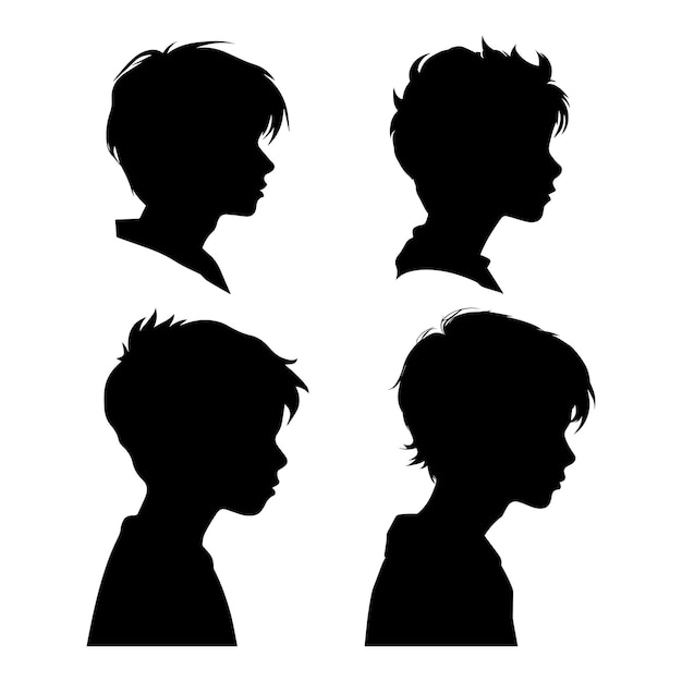 Vector boy man side view silhouette black and white template set