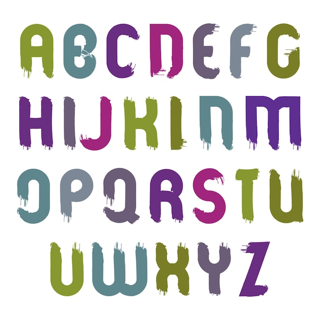 Vector bright alphabet capital letters set, hand-drawn colorful script, smeared drop caps drawn with ink brush, cartoon multicolored acrylic font.