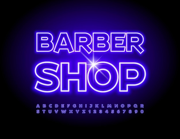 Vector bright Banner Barber Shop Unique Neon Font Glowing Alphabet Letters and Numbers set