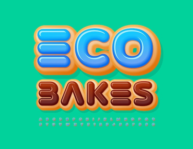 Vector bright Banner Eco Bakes  Unique  Blue Font Sweet Donut Alphabet Letters and Numbers set