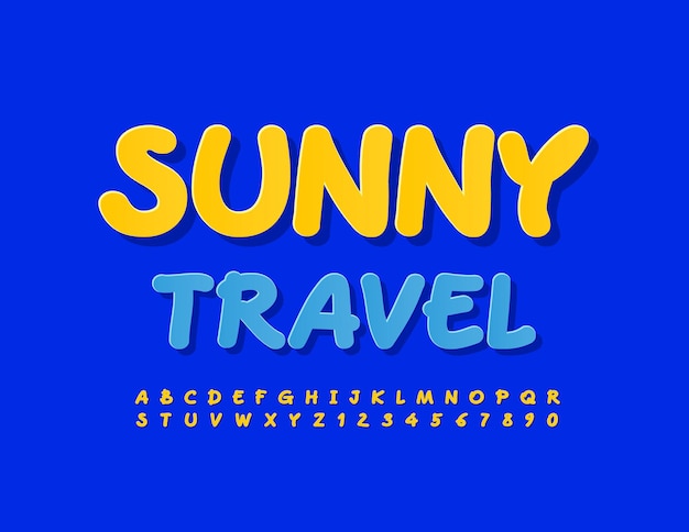 Vector Bright Emblem Sunny Travel Playful Yellow Font Handwritten Alphabet Letters and Numbers set