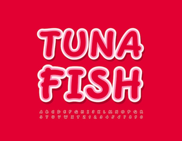 Vector bright Emblem Tuna Fish Handwritten Red Font Creative Alphabet Letters and Numbers set